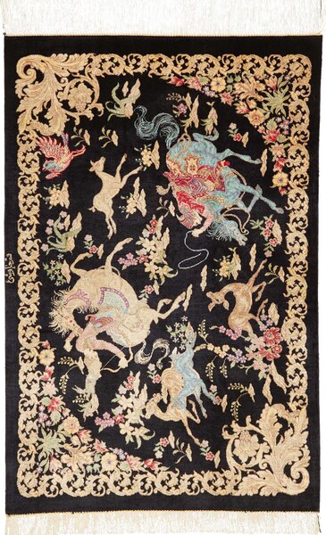 Tappeto Ghom Seta Persia Floreale Nero Oro 60x91 Cm