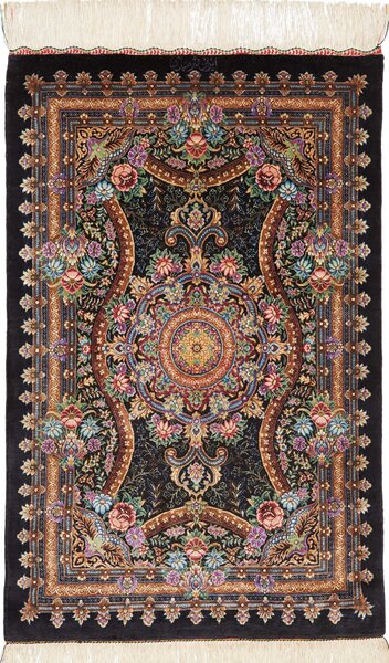 Tappeto Ghom Seta Persia Medaglione Nero Policromo 60x90 Cm