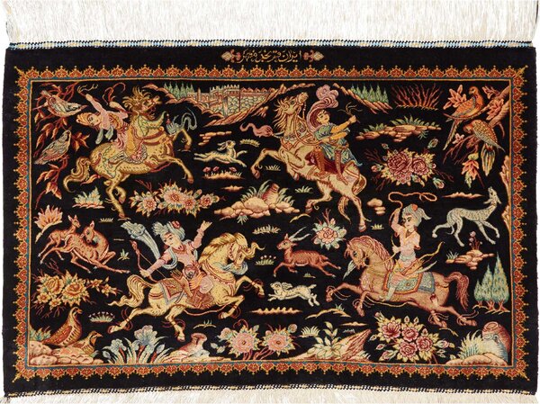 Tappeto Ghom Seta Persia Astratto Nero Oro 90x59 Cm