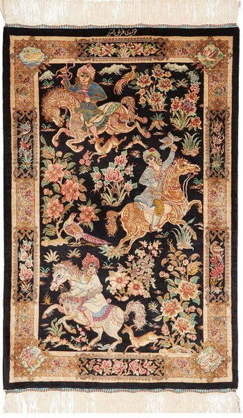 Tappeto Ghom Seta Persia Floreale Nero Crema 61x92 Cm
