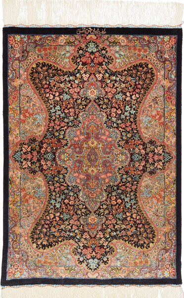 Tappeto Ghom Seta Persia Medaglione Nero Policromo 60x87 Cm