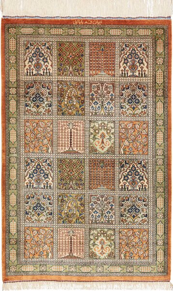 Tappeto Ghom Seta Persia Floreale Crema Arancio Verde 60x90 Cm