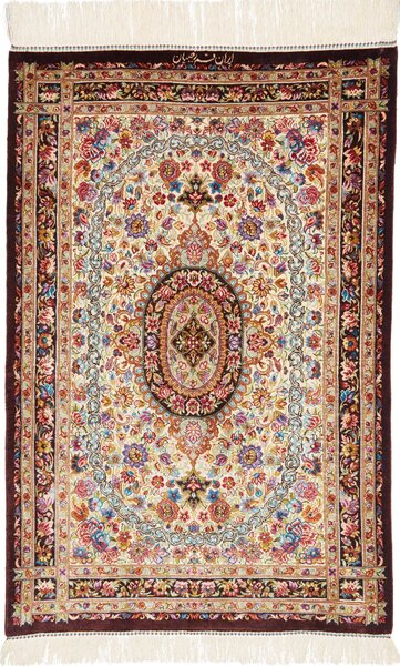 Tappeto Ghom Seta Persia Medaglione Avorio Bordeaux 61x90 Cm