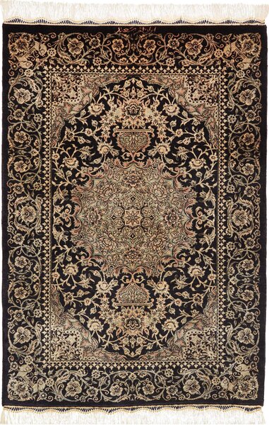 Tappeto Ghom Seta Persia Medaglione Nero Beige 60x89 Cm