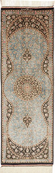 Tappeto Ghom Seta Persia Medaglione Azzurro Nero 39x114 Cm