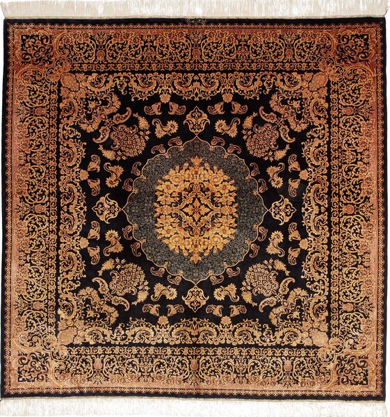 Tappeto Ghom Seta Persia Medaglione Nero Oro 200x200 Cm