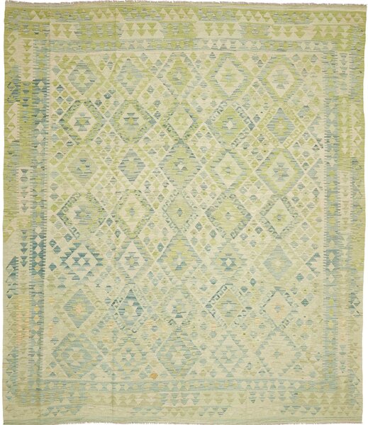 Tappeto Kilim Afghanistan Geometrico Verde Chiaro Azzurro 258x296 Cm
