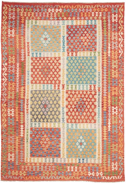 Tappeto Kilim Afghanistan Geometrico Arancione Azzurro 208x298 Cm
