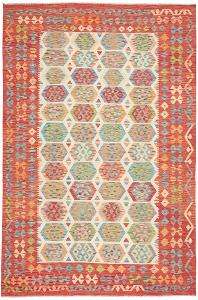 Tappeto Kilim Afghanistan Geometrico Rosso Multicolore 202x308 Cm