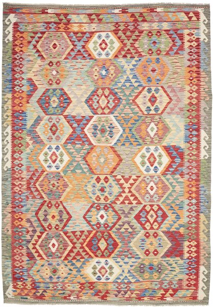 Tappeto Kilim Afghanistan Geometrico Multicolore Rosso 207x292 Cm