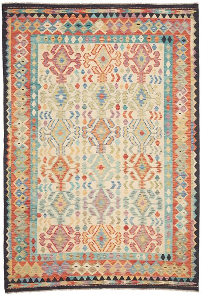 Tappeto Kilim Afghanistan Geometrico Crema Multicolore 203x294 Cm