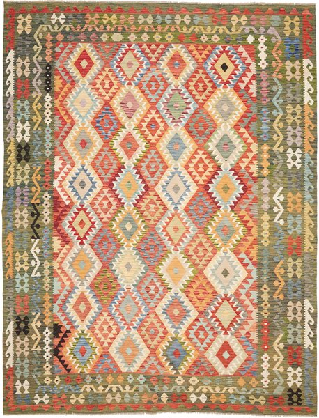 Tappeto Kilim Afghanistan Geometrico Multicolore Verde 260x350 Cm