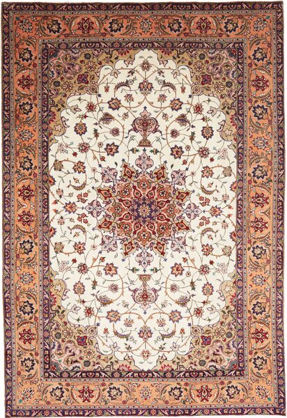 Tappeto Tabriz Persia Medaglione Avorio Arancio 198x294 Cm