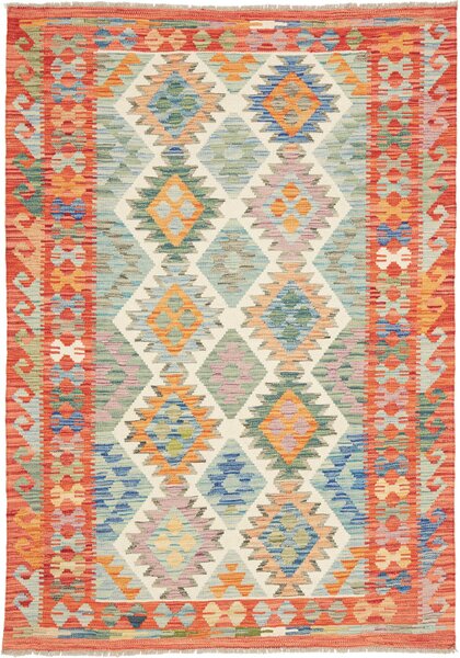 Tappeto Kilim Afghanistan Geometrico Arancione Azzurro 123x180 Cm
