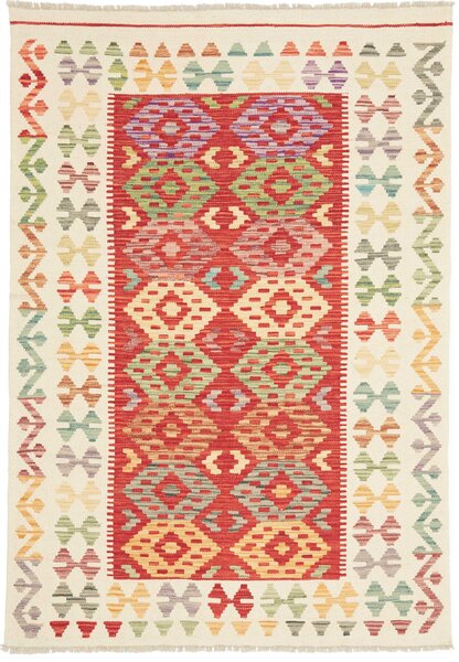 Tappeto Kilim Afghanistan Geometrico Rosso Crema 120x174 Cm