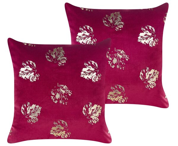 Set di 2 cuscini decorativi in velluto bordeaux con motivo a foglie 45 x 45 cm Stampa in lamina d'oro Accessori decorativi Beliani