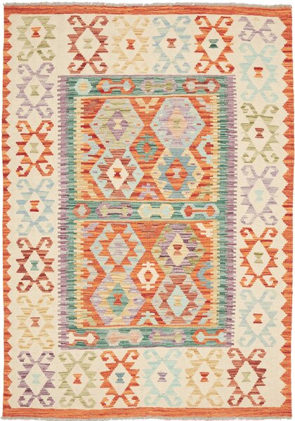 Tappeto Kilim Afghanistan Geometrico Avorio Arancio 137x201 Cm