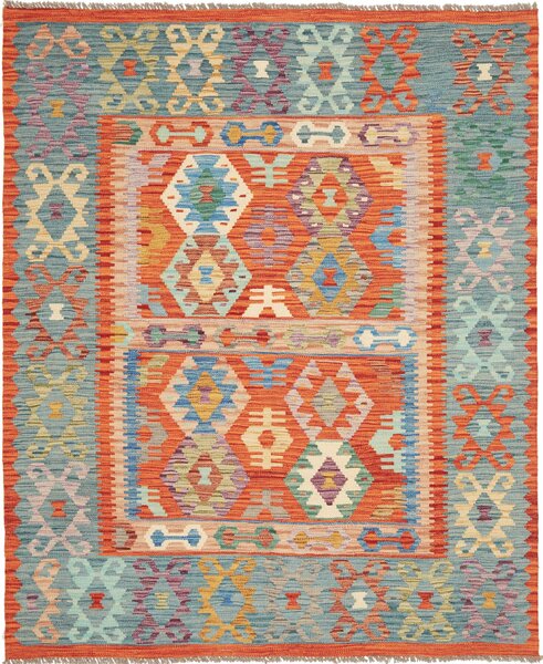 Tappeto Kilim Afghanistan Geometrico Arancione Azzurro 157x193 Cm