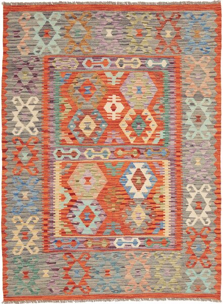 Tappeto Kilim Afghanistan Geometrico Multicolore Arancio Grigio 146x201 Cm