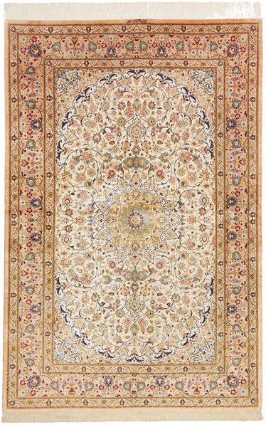 Tappeto Ghom Seta Persia Medaglione Avorio Pesca 131x200 Cm