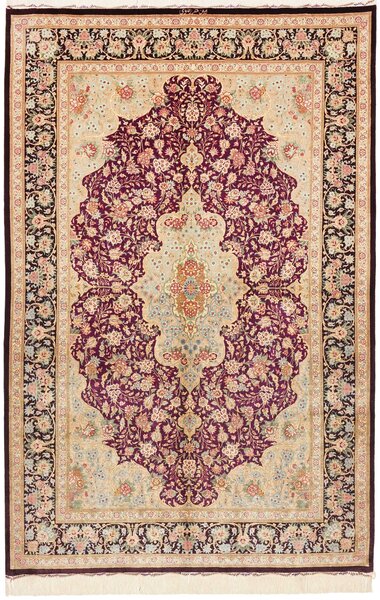 Tappeto Ghom Seta Persia Medaglione Bordeaux Beige 133x201 Cm