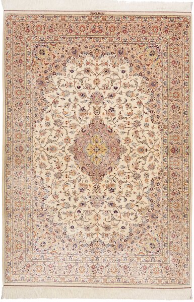 Tappeto Ghom Seta Persia Medaglione Crema Rosa 138x200 Cm