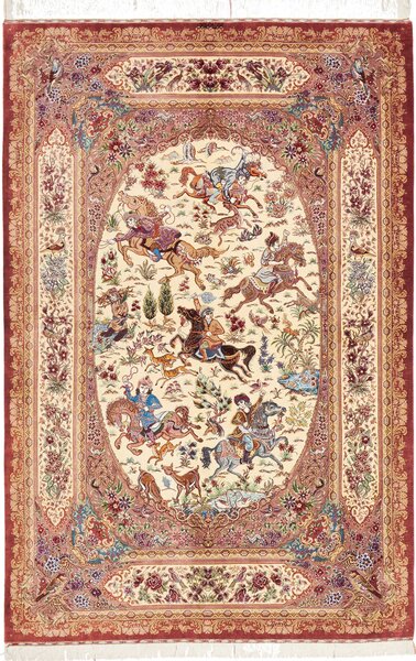 Tappeto Ghom Seta Persia Astratto Crema Rosso 131x198 Cm