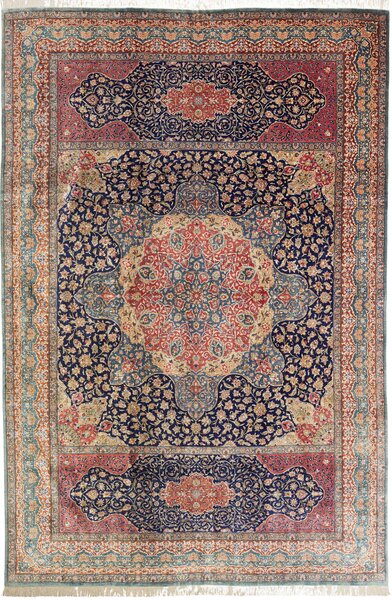 Tappeto Ghom Seta Persia Medaglione Blu Rosso 195x298 Cm