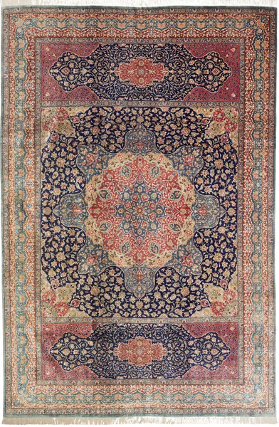 Tappeto Ghom Seta Persia Medaglione Blu Rosso 195x298 Cm