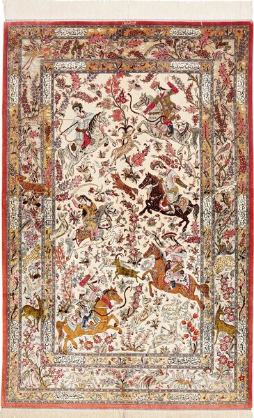 Tappeto Ghom Seta Persia Floreale Avorio Rosso 132x203 Cm