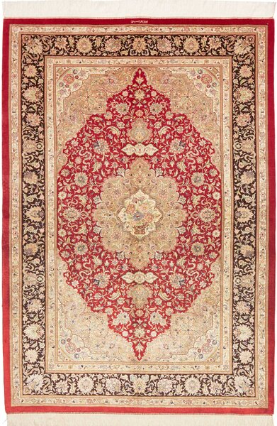 Tappeto Ghom Seta Persia Medaglione Rosso Marrone 135x197 Cm