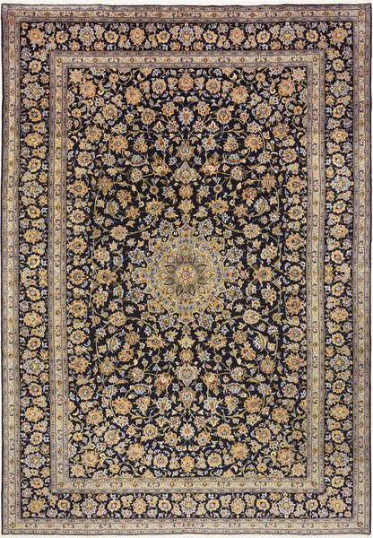 Tappeto Kashan Persia Medaglione Blu Notte Oro 258x375 Cm