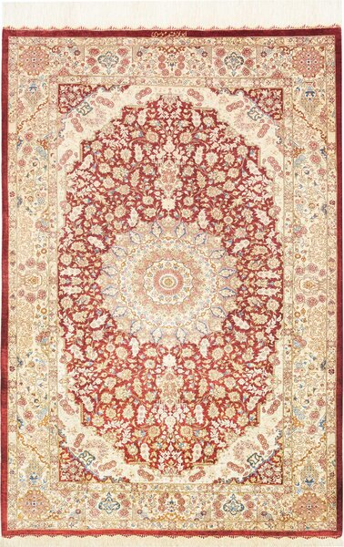 Tappeto Ghom Seta Persia Medaglione Rosso Crema 101x150 Cm