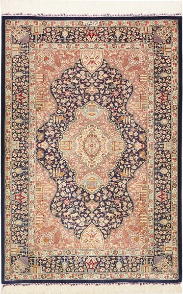 Tappeto Ghom Seta Persia Medaglione Blu Rosa Salmone 81x121 Cm
