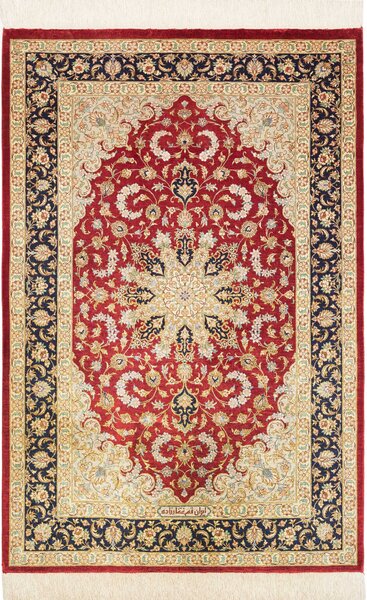 Tappeto Ghom Seta Persia Medaglione Rosso Blu 80x121 Cm