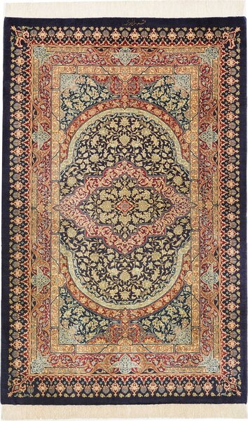 Tappeto Ghom Seta Persia Medaglione Blu Oro 77x123 Cm