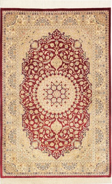Tappeto Ghom Seta Persia Medaglione Rosso Crema 97x149 Cm