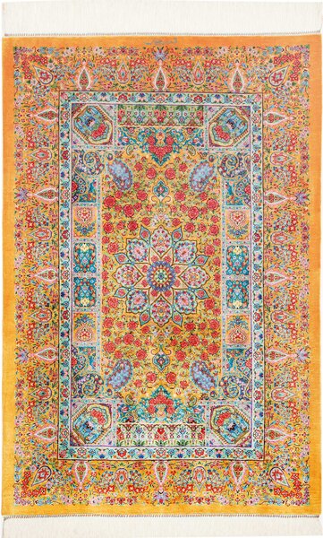 Tappeto Ghom Seta Persia Medaglione Giallo Rosso 81x121 Cm