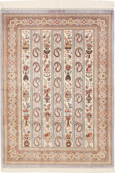 Tappeto Ghom Seta Persia Floreale Bianco Grigio 101x154 Cm