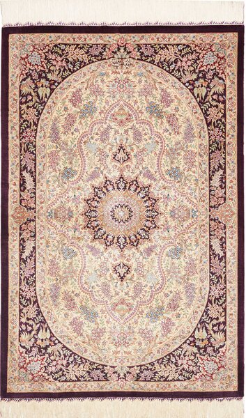 Tappeto Ghom Seta Persia Medaglione Avorio Bordeaux 79x122 Cm