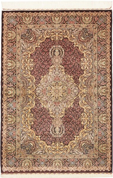 Tappeto Ghom Seta Persia Medaglione Bordeaux Oro 103x148 Cm