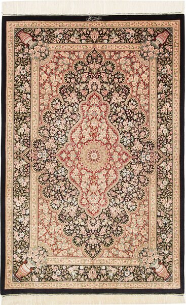 Tappeto Ghom Seta Persia Medaglione Nero Rosso 98x148 Cm
