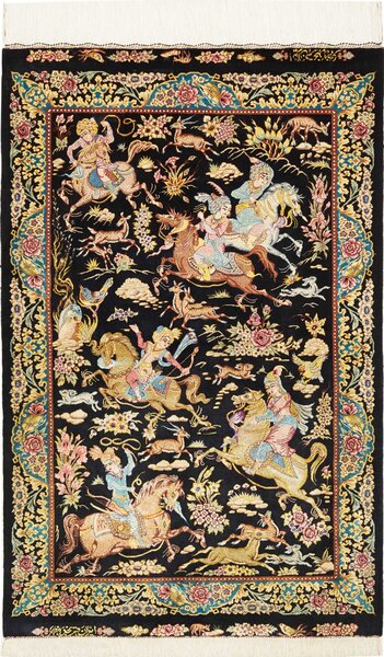 Tappeto Ghom Seta Persia Floreale Nero Oro 81x124 Cm