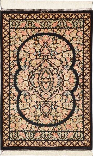 Tappeto Ghom Seta Persia Medaglione Nero Pesca 58x91 Cm
