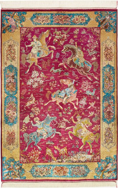 Tappeto Ghom Seta Persia Floreale Fucsia Turchese 100x148 Cm