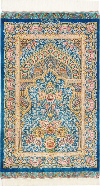 Tappeto Ghom Seta Persia Floreale Blu Crema 59x97 Cm
