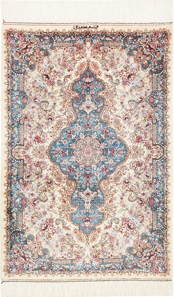 Tappeto Ghom Seta Persia Medaglione Crema Azzurro 59x90 Cm