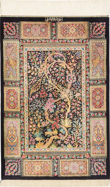 Tappeto Ghom Seta Persia Floreale Nero Oro 60x92 Cm