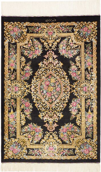 Tappeto Ghom Seta Persia Medaglione Nero Oro 61x90 Cm