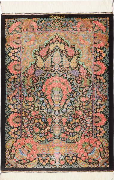 Tappeto Ghom Seta Persia Floreale Nero Policromo Vivace 62x88 Cm